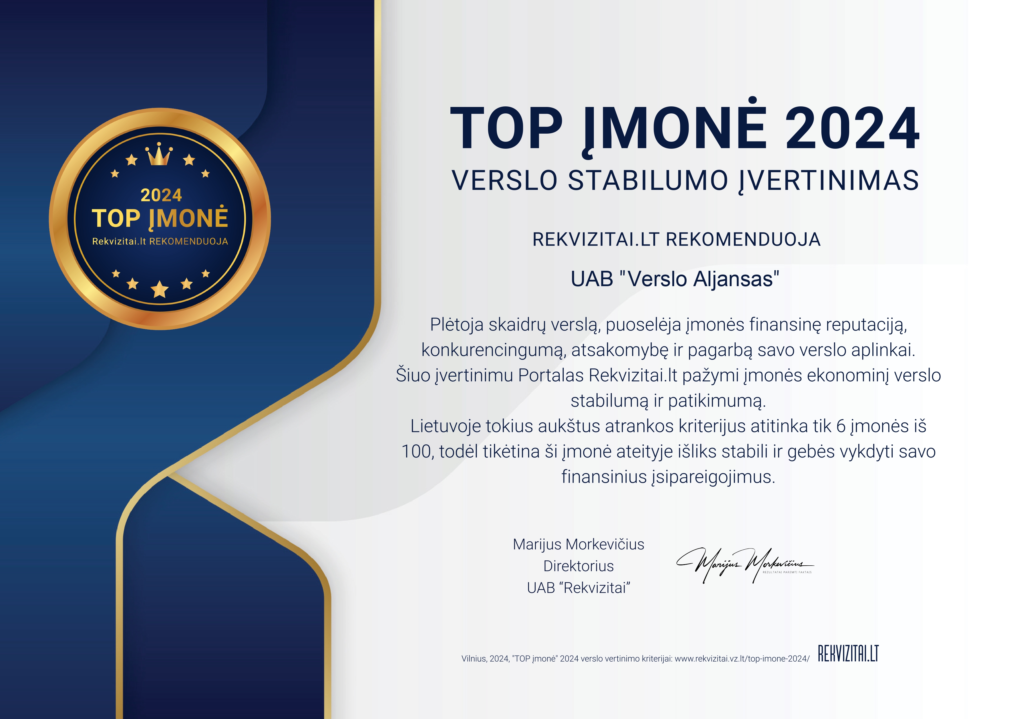 UAB &bdquo;Verslo Aljansas&ldquo; pelnė TOP įmonės 2024 įvertinimą